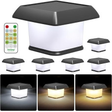 Solar Post Light Outdoor with Remote Control, Pack of 6 Solar Post Caps Light, Three Colours, White/Warm/Warm Yellow, Solar Fence Post Lamp Waterproof for Wooden Posts, Patio, Fence Lighting