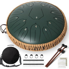 Orifesio Tongue Drum 13 Inch 15 Tone, D Major Steel Tongue Drum, Rain Drum with Music Book, Drumsticks and Carry Bag, Handpan Percussion Instrument for Meditation, Yoga, Sound Healing, Green