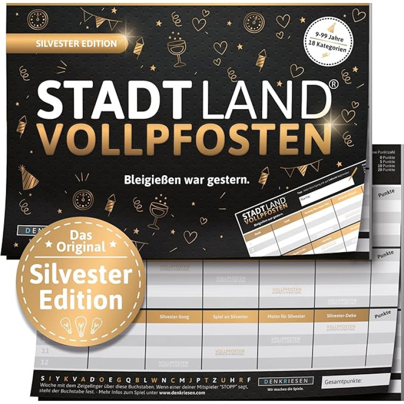 DENKRIESEN - Stadt Land Vollpfosten® - New Year's Eve Edition - Lead Casting Was Yesterday - A5 | Party Game | Secret Santa Gift | City Land River | Game Block | Gift Idea