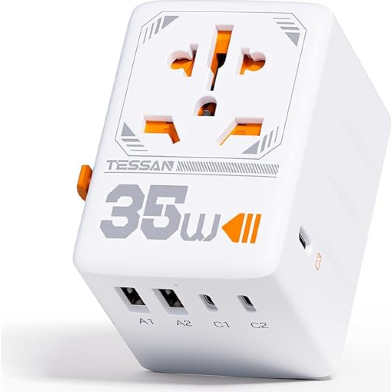 TESSAN 35 W kelioninis adapteris visame pasaulyje su USB C, greitojo įkrovimo USB C adapteris, kelioninis kištukinis adapteris visame pasaulyje su 3 USB C ir 2 USB A, kelioninis adapteris JAV, JK, Italijai, Tailandui, Kanadai, Airijai, Australijai