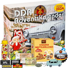 DDR Advento kalendorius 2024, 24 durelės, pripildytos įvairių Rytų šalių produktų, skirtų nostalgiškai nuotaikai Kalėdų laikotarpiu, Kalėdų kalendoriaus dovanų rinkinys