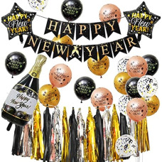 eBoutik - Happy New Year 2022 Decorations - Indoor & Outdoor Party Supplies - New Year's Eve Party Pack (Black, Pink, Silver, Gold))