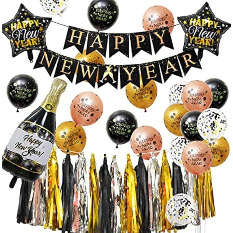 eBoutik - Laimingų Naujųjų metų 2022 dekoracijos - vidaus ir lauko vakarėlių reikmenys - Naujųjų metų išvakarių vakarėlio pakuotė (juoda, rožinė, sidabrinė, auksinė))
