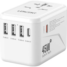 LENCENT universalus kelioninis adapteris, GaN III 45 W tarptautinis įkroviklis su 3 USB ir 2 USB-C PD greitojo įkrovimo prievadais, pasaulinis įkrovimo adapteris, skirtas A/C/G/I tipo, JAV, JK, ES ir JAV lizdams, baltos spalvos