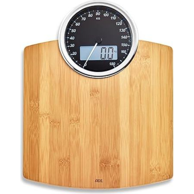 ADE Digitale Körperwaage mit analoger Anzeige | großes Display | sehr genaue Ergebnisse bis 180 kg | Wiegefläche aus echtem Bambusholz