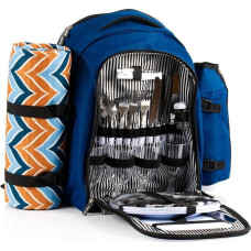 CampFeuer Picnic Backpack 32 Pieces | Picnic Set for 4 People | with Bottle Holder, Picnic Blanket, Cooler Compartment and Camping Tableware (Blue)