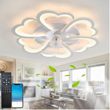 Fachae Flower Ceiling Light with Fan with Remote Control, DC 6-Speed Ceiling Fan with Lighting, LED Dimmable, Quiet Memory Function, for Living Room, App, White
