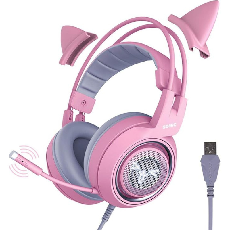 SOMIC G951rosa Rose Kat žaidimų ausinės su virtualiais 7.1 ašmenimis ir LED šviesa, mikrofonas kompiuteriui, PS4, nešiojamajam kompiuteriui, draugui, žmonai (USB kištukas) USB lizdas Rose