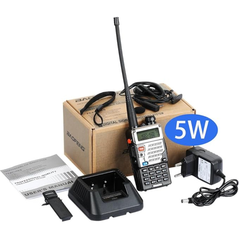 BAOFENG BF UV-5RE patobulinta 5 W dviejų juostų dvipusio radijo ryšio radijo stotelė (144MHz-146MHz VHF ir 430MHz-440MHz UHF) su visu komplektu, juoda