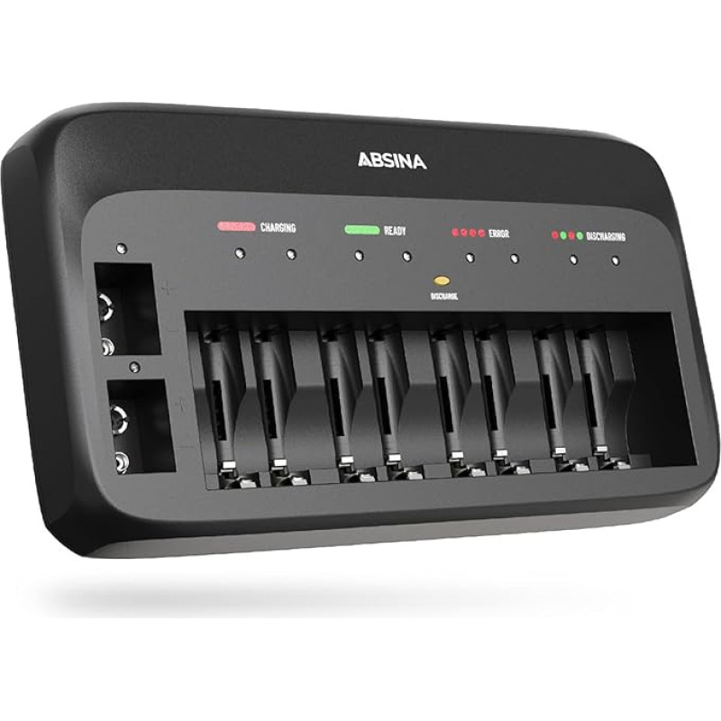 ABSINA Battery Charger X10 for AA, AAA & 9 V - Battery Charger 10-Way for Charging Rechargeable Batteries - NiMH Charger Battery for AAA, AA & 9V