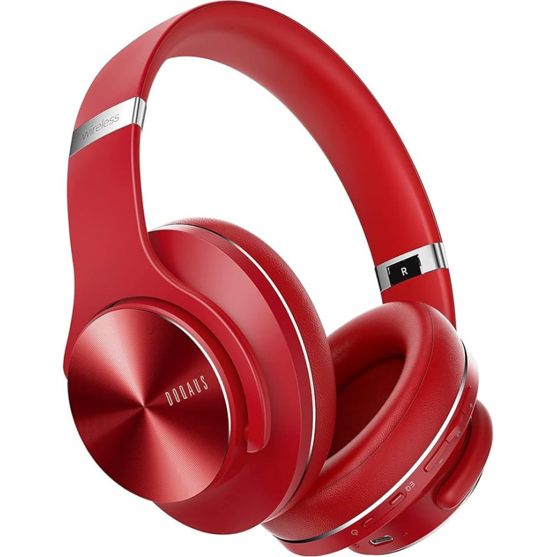 DOQAUS Bluetooth Headphones Over Ear, [Up to 90 Hours] Wireless Headphones with 3 EQ Modes, HiFi Stereo Foldable Headset with Microphone, Soft Ear Pads for iPhone/iPad/Android/Laptops Red