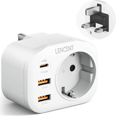 LENCENT Kelioninis adapteris Maitinimo adapteris JK adapteris Anglija Vokietija kištukas su 2 USB QC3.0 + 1 C tipo PD prievadais, G tipo kelioninis kištukinis maitinimo adapteris, skirtas Jungtinei Karalystei, Airijai