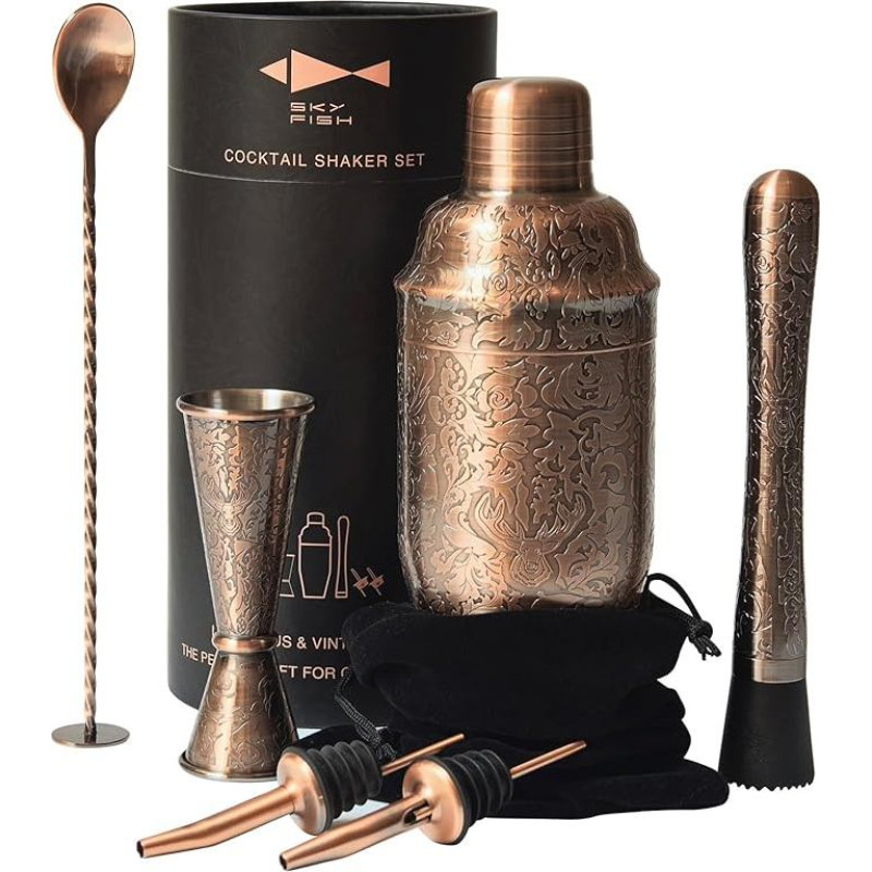 SKY FISH Cocktail Shaker Set | 6 Piece Bartender Set with 3D Embossed Design | Professional Cocktail Set for Cocktail Lovers | Hand Wash - Antique Copper