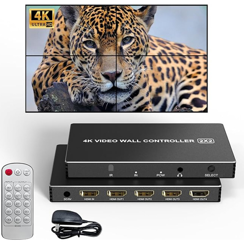 2x2 HDMI vaizdo sieninis valdiklis, 4K@30HZ TV sieninis valdiklis HDMI įėjimai HDMI išėjimai, 180 laipsnių pasukimas 8 ekrano režimai 1x1 1x2 1x3 1x4 2x2 2x1 3x1 4x1, su nuotolinio valdymo pulteliu 4 televizorių sujungimui