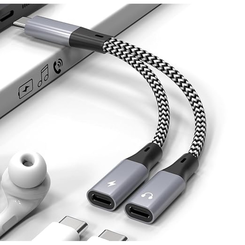 USB C daliklis nuo 1 iki 2 įkrovimo ir garso išvesties - PD 60W greitojo įkrovimo pagalbinis kabelis USB C dvigubo kištuko adapteris, USB C ir dvigubo USB C ausinių Y kabelio daliklis, skirtas 