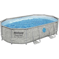 Bestway Power Steel Swim Vista Series Frame Pool Complete Set with Sand Filter System, 488 x 305 x 107 cm, Stone Wall Effect (Cream Grey), Oval, Beige