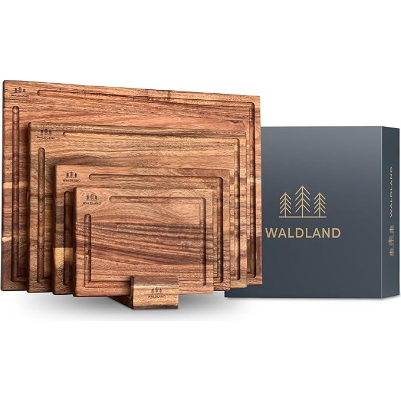 WALDLAND Premium medinių pjaustymo lentelių rinkinys iš 4 dalių (40 x 30, 33 x 24, 27 x 18, 21 x 15) I įskaitant lentelės stovą I medinė virtuvės lenta I pjaustymo lentelės rinkinys, pagamintas iš tvirtos akacijos medienos