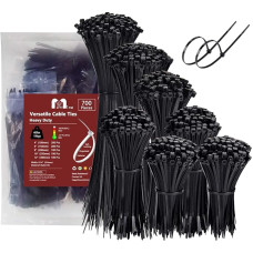 Kabelių raiščių rinkinys, 700 dalių, juodas, atsparus UV spinduliams, 300/250/200/150/100 mm x 3,6 mm, Kabelių raiščiai, Asortimentas, Kabelių raiščiai, Maži Plasftik kabelių raiščiai, Zip raiščiai