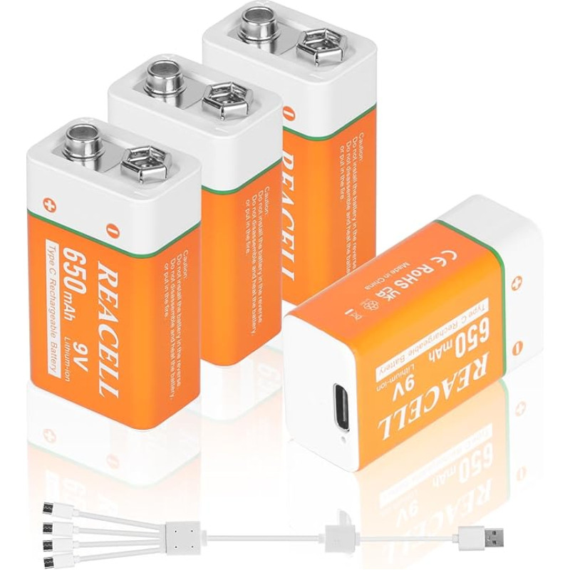 REACELL 9 V Block Battery 650 mAh USB Rechargeable Li-Ion Battery 1.5 Hours Quick Charge 9 Volt Battery Rechargeable Block Battery Long Life for Smoke Detectors