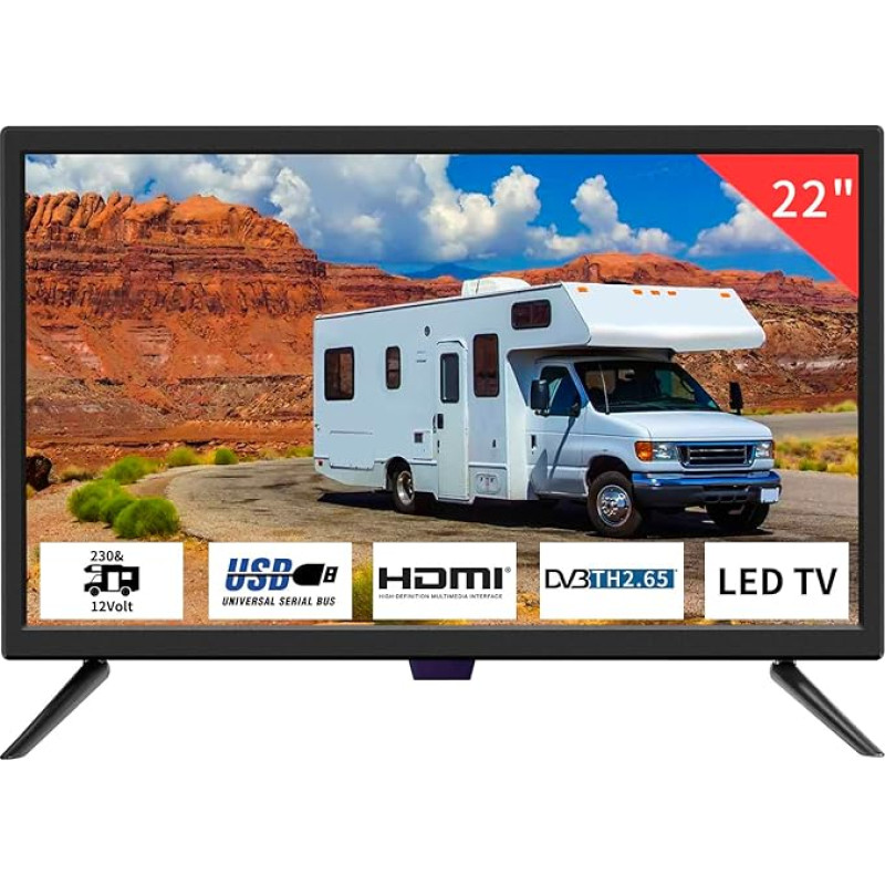 TV 22 colių HD 1080P televizorius su skaitmeniniais imtuvais DVB-T2 Freeview 12 voltų televizorius su HDMI, USB, RCA, VGA įvestimis, skirtas miegamajam, nameliams ant ratų