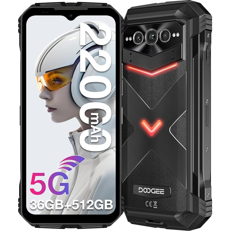 DOOGEE VMAXPLUS Android 14 Lauko mobilusis telefonas 5G, 512 GBROM 36 GB RAM 22000 mAh 6,58 colių FHD+ 120 Hz lauko išmanusis telefonas be sutarties 200MP + 32MP + 20MP naktinio matymo kamera Dual SIM/WiFi