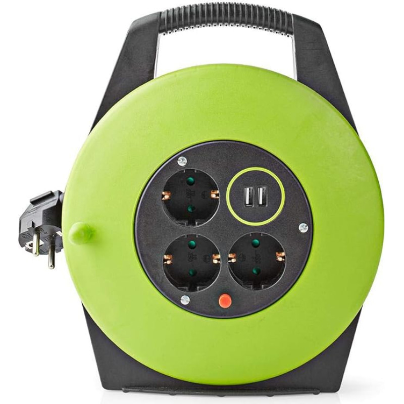 NEDIS Kabelio ritė - įžeminimo kontaktas - 10,0 m - 3000 W - 16 A - įžeminimo tipas: šoniniai kontaktai - 230 V AC 50/60 Hz - lizdo kampas: 90° - H05VV-F 3G1,5 mm² - antgalis: taip - žalias/juodas