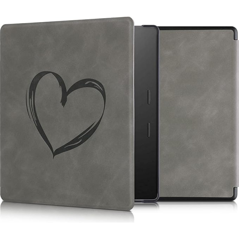 kwmobile Case Compatible with Amazon Kindle Oasis 10th Generation - Faux Leather eReader - Heart Brush Grey