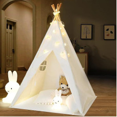 IREENUO Teepee Tent for Children with Fairy Lights, Foldable Children's Play Tents, Playhouse for Girls and Boys, Wigwam Tent for Playing Outdoor, Indoor (White)