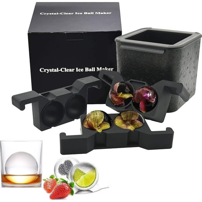 Wiskey Ice Ball Maker, Jumbo Ice Cube Maker, Clear Ice Ball Mold, Easy Release, Bubble Free with 4 x 2.36 Inch Balls for Home Bartender (4 Balls)