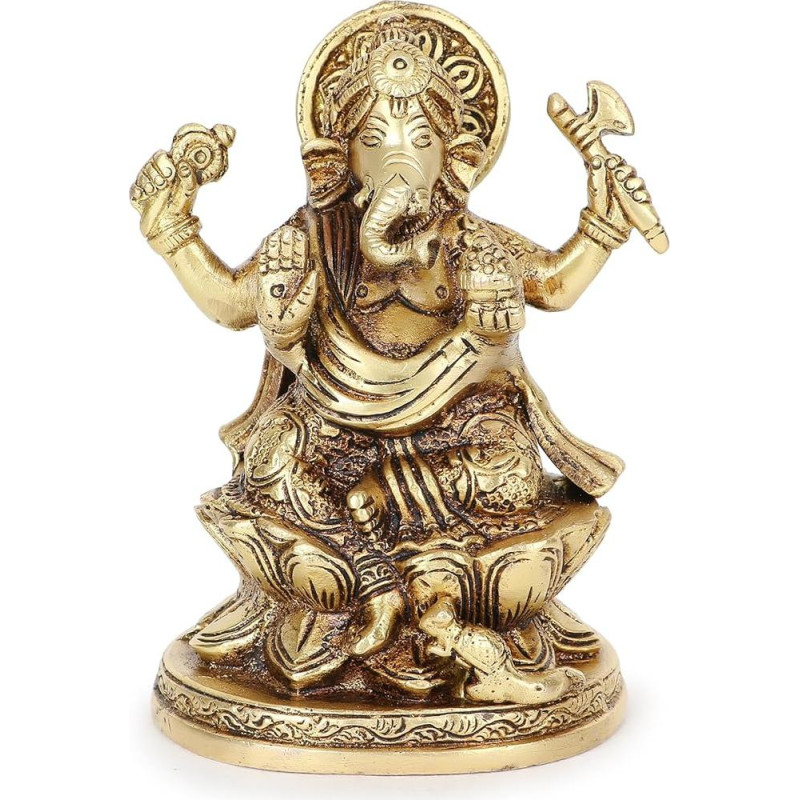 Ganesha Idol Brass Ganesh Sitting Statue on Lotus for Puja Temple at Home and Office