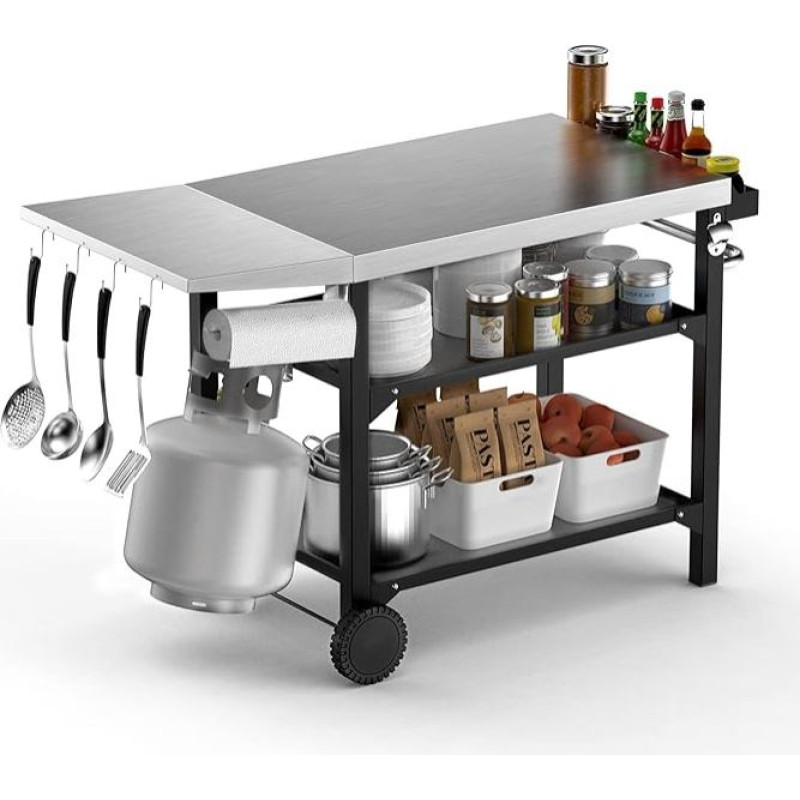 onlyfire Barbecue Trolley 120 × 53 × 81 cm, Grill Table with Large Work Surface, Wheels and Side Table, Serving Trolley 3 Levels, BBQ Table, Outdoor Grill Trolley, Stainless Steel Large Work Surface