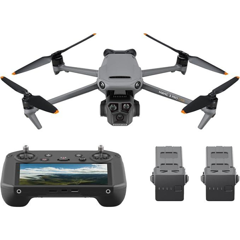DJI Mavic 3 Pro Cine su DJI RC Pro (ryškus pradinis ekranas), pavyzdinis dronas su triguba kamera, 
