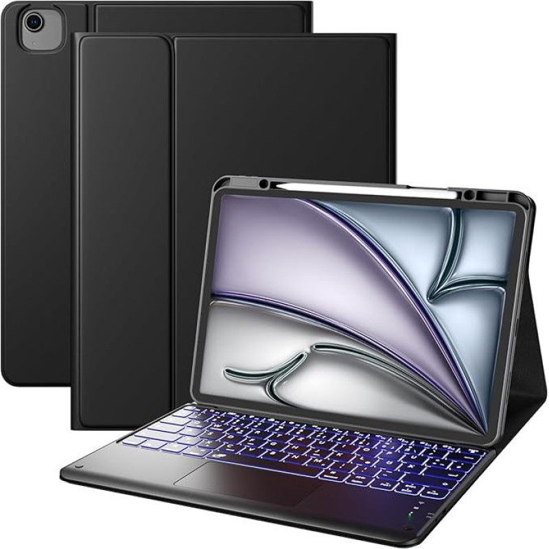 Vobafe Case with Keyboard for iPad Air 13 Inch 2024 M2/iPad Pro 12.9 (3rd 4th 5th 6th Gen), QWERTZ Keyboard Anti-Fouling PU Cover with Pen Holder, Multi-Touch Trackpad 7 Colours Lighting, Black