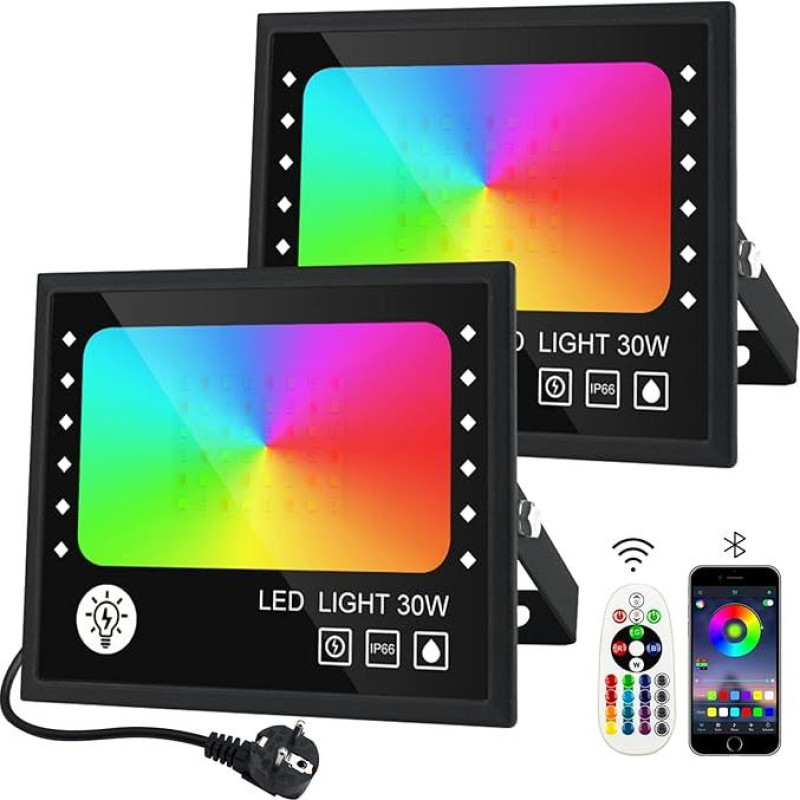 RGB Spotlight 30 W, RGB LED Spotlight 2 with 16 Million Colours, 28 Modes, Colour Changing, Dimmable, Remote Control and App Control, RGB Floodlight, IP66 Waterproof Outdoor Spotlight for Garden,