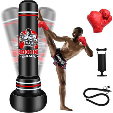 QAMIC Suaugusiųjų smūgių maišas, 180 cm pripučiamas sunkus smūgių maišas su bokso pirštinėmis ir oro pompa, 0,5 mm storio PVC medžiagos stovintis smūgių maišas, skirtas MMA Muay Thai fitneso pradedančiųjų mokymui