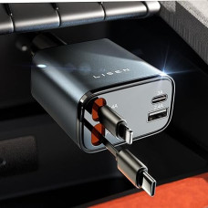 LISEN 69 W ištraukiamas cigarečių žiebtuvėlio USB C greitasis įkroviklis Automobilinis ištraukiamas įkrovimo laidas Automobilinis įkroviklis 12 V USB adapteris Automobiliniai priedai iPhone 16 15 14 13 Pro Max iPad Samsung Pixel