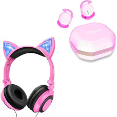 LOBKIN Cat Ear Kopfhörer, Faltbarer Draht übers Ohr tragbare Kinderkopfhörer mit leuchtendem Licht für Mädchen Kinder Cosplay Fans, kompatibel für iPhone, Android Handy