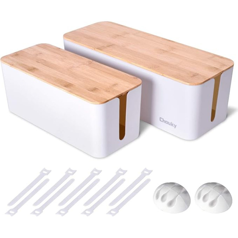 Wooden Cable Management Box, 2 Pack Large Cable Organizer and Cover for TV Wires, USB Hub and Under Desk Power Strip, Safe ABS Material and Baby Pets Proof Lock (White)
