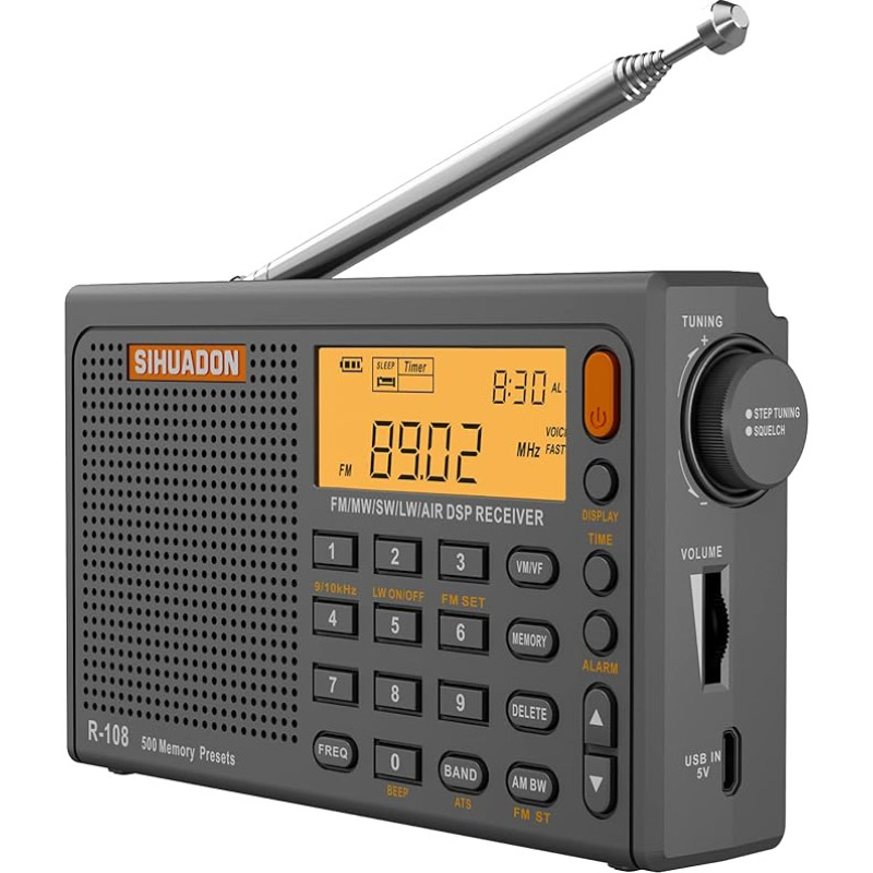 SIHUADON R-108 Mažas nešiojamasis radijo imtuvas su įkraunama baterija FM AM SW Airband Radio World Receiver Skaitmeninis radijo imtuvas su ATS stoties atminties miego funkcija (pilkas)