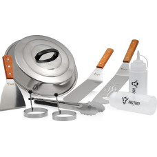 BBQ-Toro 9-Piece Stainless Steel Grill Plancha Accessory Set, Plancha Grill Accessory Set with Heat Bell, Spatula, Spatula, Grill Tongs, Splash Bottles, Egg Shapes, Teppanyaki Grill Tool