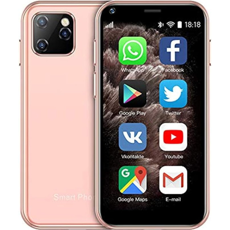 Rainbuvvy XS11 Mini 3G mobilusis telefonas Mažas 2,5 colio Android 6.0 1GB RAM 8GB ROM Quad Core Dual SIM 1000mAh su 3D stiklu Plonas korpusas HD kamera WiFi (rožinis)