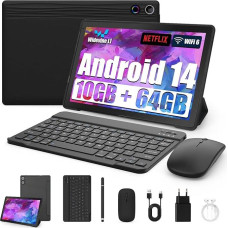 Tablet 10 Inch 8-in-1 Kit Android 14 Tablet PC with Case Keyboard Mouse Pen Headphones Power Plug Cable Octa-Core 10GB RAM 64GB ROM/1TB TF 1280x800 IPS HD Touchscreen 5000mAh Battery Widevine L1