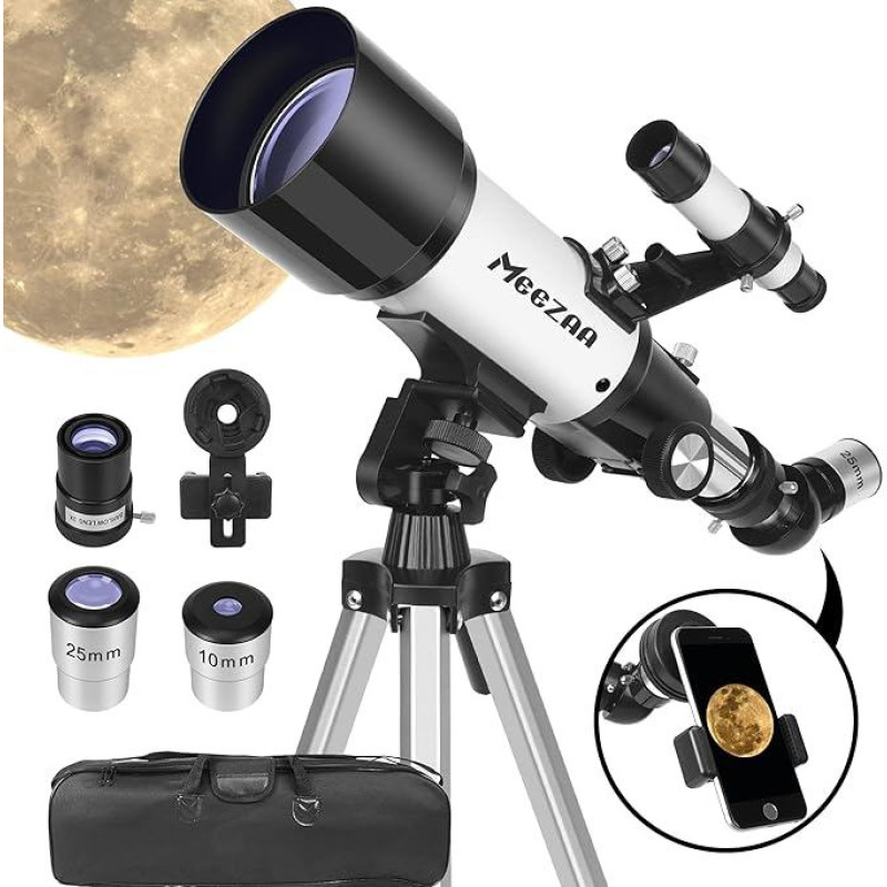 MEEZAA teleskopas Astronomija Suaugusiųjų 70 mm diafragmos 400 mm refraktoriaus teleskopas vaikams ir pradedantiesiems su trikoju, išmaniojo telefono adapteriu ir nešiojimo krepšiu planetoms ir Mėnuliui stebėti