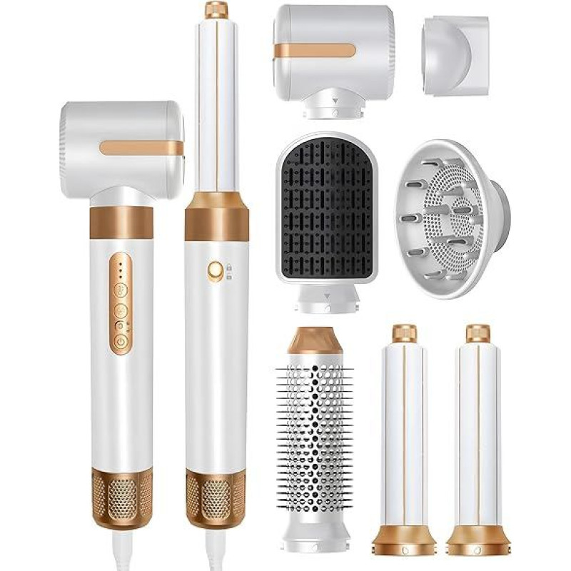 Air Styler 7-in-1 Hair Dryer with Hair Dryer, Hair Styler, Warm Air Brush, Wrap Air Curling Iron, Round Comb, Diffuser, Concentrator Accessories, Portable Travel Dryer for Home, Travel (White S)