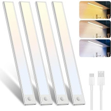 libtit 30 cm Under-Unit Light Kitchen LED, Dimmable Cabinet Lighting with Motion Sensor, 3000K-4000K-6500K Colour Modes, Bright USB Rechargeable Light Strip for Cupboard, Stairs, Hallway, Pack of 4