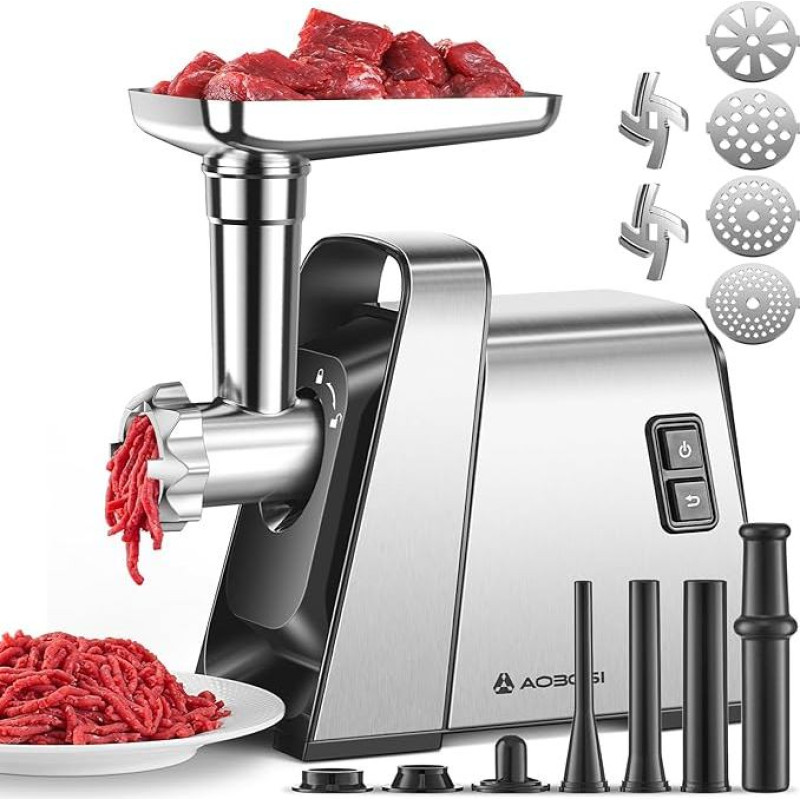 AAOBOSI Electric Meat Mincer 3-in-1 [3000 W Max] Multi Meat Grinder with 3 Stainless Steel Sanding Plates, Cube & Sausage Filling Tubes, Upgrade the Car Return Function - Stainless Steel