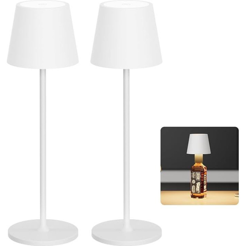 Coinmit Pack of 2 LED Battery Wireless Table Lamp, White, 3000 K Dimmable Bottle Light, Touchable Table Lamp, IP54 Portable Bottle Lamp, Suitable for Indoor and Outdoor Use, 5000 mAh, 3 W, Living Room