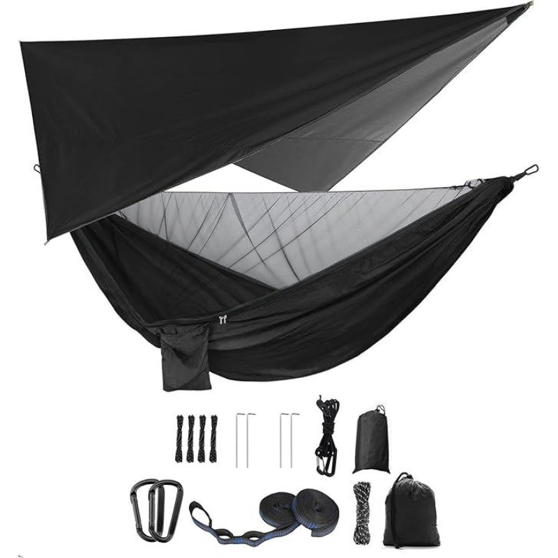 Camping Hammock Set, Single Double Hammock, Mosquito Net, Insect Net, Rainfly, High Strength Parachute Cloth Hammock. Suitable for Outdoor, Hiking, Camping, Travel