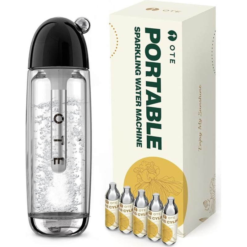 OTE Portable Water Carbonator with 20 CO2 Cylinders, Sparkling Water Machine 450 ml Compact Size Soda Maker, Safe Personal PET Seltzer Stream Carboniser, No Electricity, BPA-Free (Black)