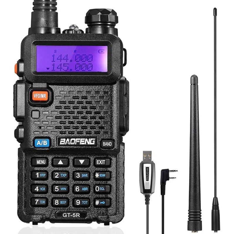 BAOFENG GT-5R Walkie Talkie, dviejų dažnių radijo stotelė UHF VHF 144-146/430-440MHz, 128 kanalų atmintis, 1800 mAh akumuliatorius, programavimo kabelis, ausinės suaugusiesiems, palaikomas čirpimas